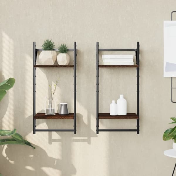 vidaXL Vägghyllor 2-plan med stänger 2 st brun ek 30x25x65 cm -  Vägghyllor & fönsterbrädor