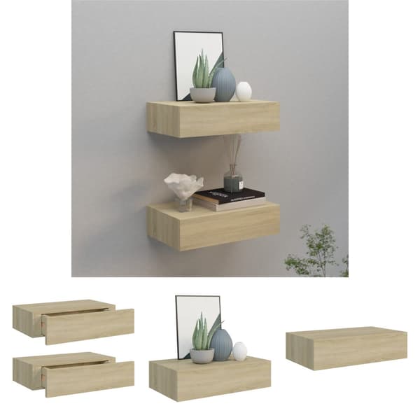 The Living Store væghylder med skuffer 2 stk. 40x23,5x10 cm MDF egetræsfarvet - Væghylder & smalle hylder