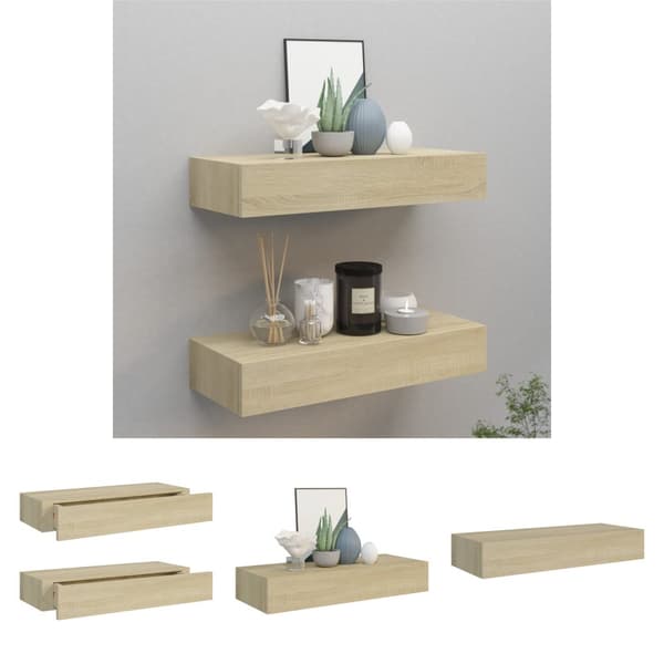 The Living Store væghylder med skuffer 2 stk. 60x23,5x10 cm MDF egetræsfarvet -  Væghylder & smalle hylder