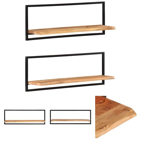 The Living Store Vägghyllor 2 st 100x24x35 cm massivt akaciaträ och stål -  Vägghyllor & fönsterbrädor