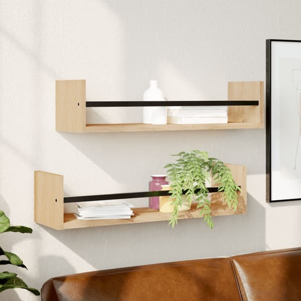 The Living Store Vägghyllor med stänger 2 st sonoma-ek 60x16x14 cm - Vägghyllor & fönsterbrädor