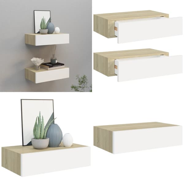 Hylder med skuffe 2 stk. 40x23,5x10 cm MDF egetræsfarve og hvid - Skuffehylde - Skuffehylder - Home & Living