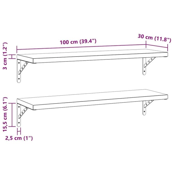 vidaXL Vegghyller 2 stk 100x30 cm sølv rustfritt stål