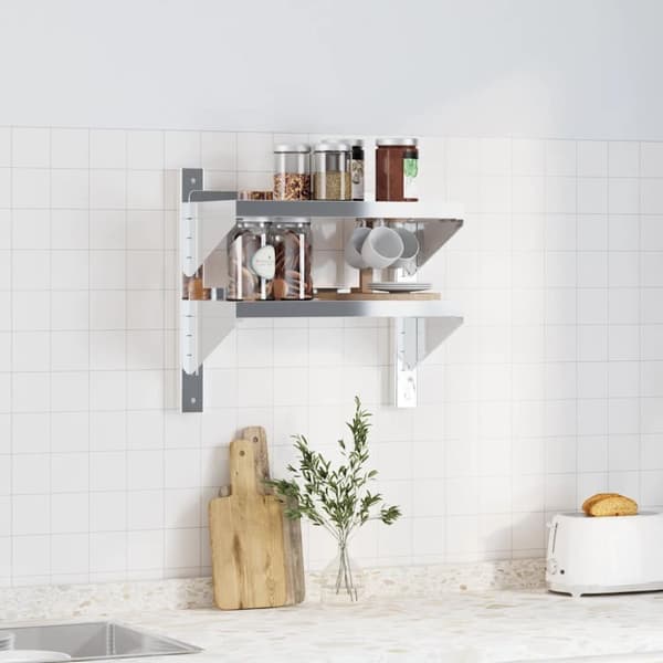 vidaXL Vegghylle 2 etasjer 50x23,5x48 cm sølv rustfritt stål