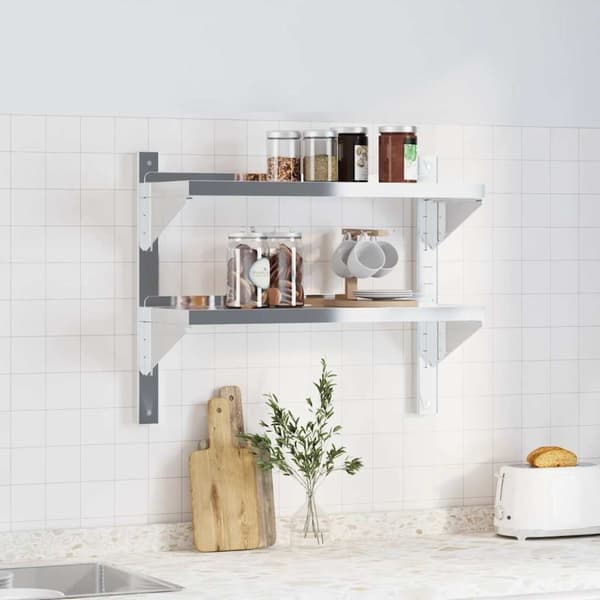 vidaXL Vegghylle 2 etasjer 75x23,5x60 cm sølv rustfritt stål