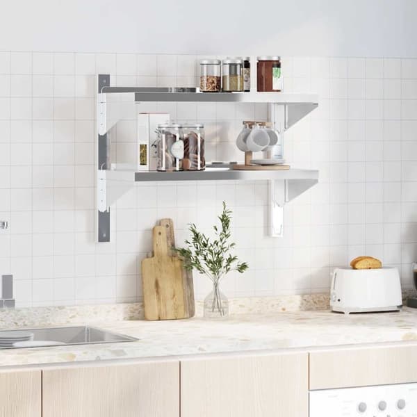 vidaXL Vegghylle 2 etasjer 75x30x60 cm sølv rustfritt stål