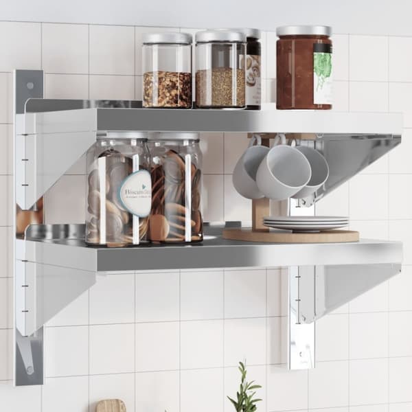 vidaXL Seinähylly 2-kerroksinen 50x30x48 cm hopea ruostumaton teräs