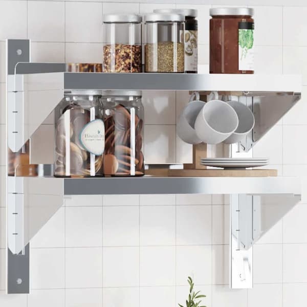 vidaXL Seinähylly 2-kerroksinen 50x23,5x48 cm hopea ruostumaton teräs