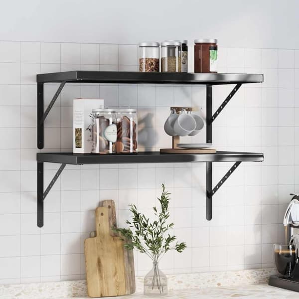 vidaXL Seinähyllyt 2 kpl 75x40x3 cm musta ruostumaton teräs
