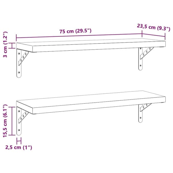 vidaXL Vegghyller 2 stk 75x23,5 cm svart rustfritt stål