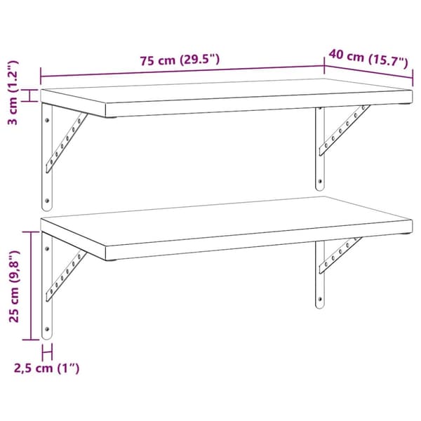 vidaXL Seinähyllyt 2 kpl 75x40 cm hopea ruostumaton teräs
