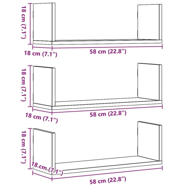 vidaXL Seinähyllyt 3 kpl musta 58x18x18 cm tekninen puu