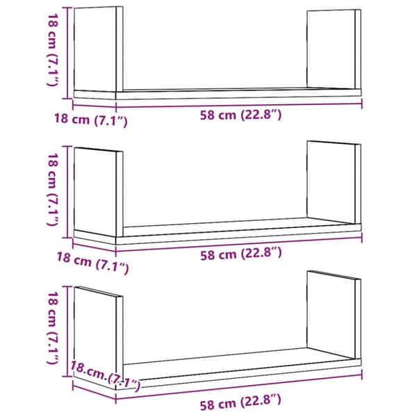 vidaXL væghylder 3 stk. 58x18x18 cm konstrueret træ grå sonoma-eg