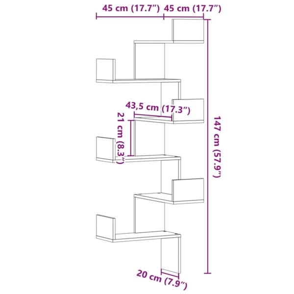 vidaXL Veggmontert hjørnehylle sonoma eik 45x45x147 cm konstruert tre