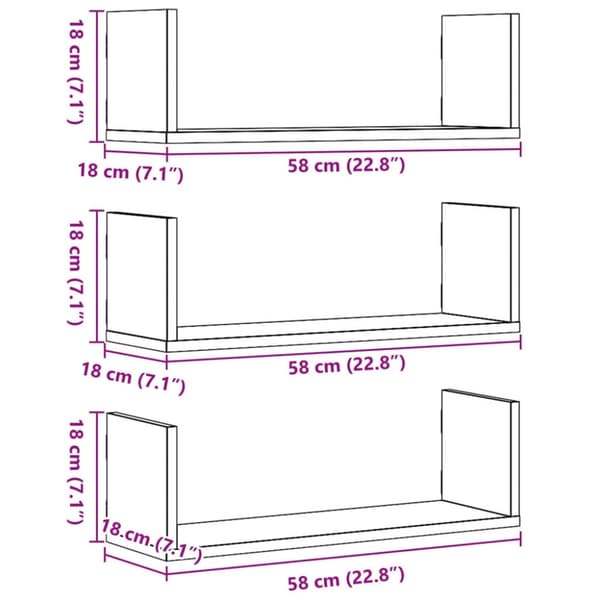 vidaXL Vegghyller 3 stk hvit 58x18x18 cm konstruert tre