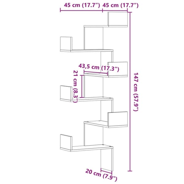 vidaXL væghængt hjørnehylde 45x45x147 cm konstrueret træ betongrå