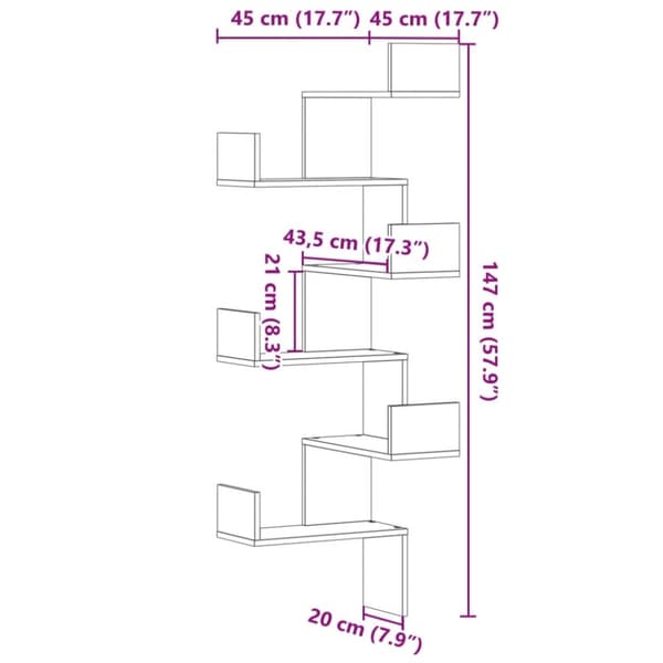 vidaXL Veggmontert hjørnehylle røkt eik 45x45x147 cm konstruert tre