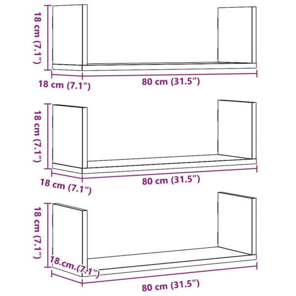vidaXL Seinähyllyt 3 kpl musta 80x18x18 cm tekninen puu