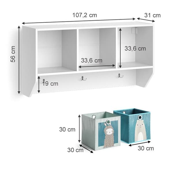 Vicco Luigi vägghylla för barnrum, Vit, 107 x 56 cm med 2 hopfällbara lådor opt.2