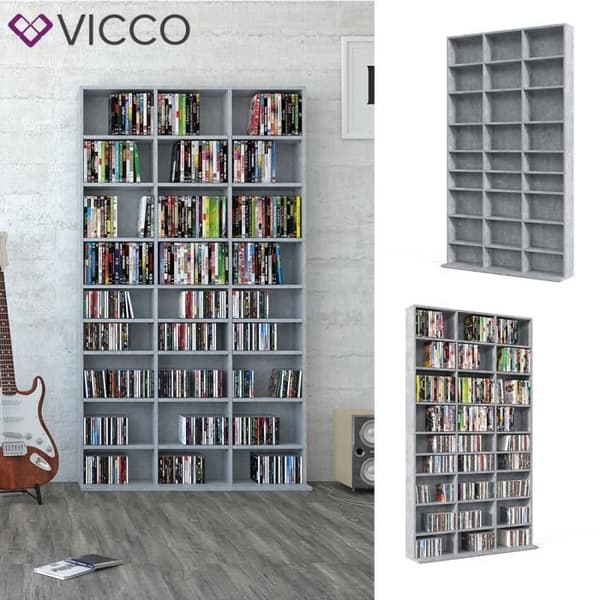 Vicco vägghylla för CD och DVD Fristående hylla Mediahylla Vägghylla Bokhylla i betong