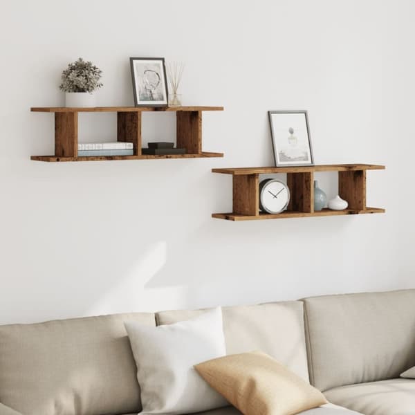 vidaXL væghængte 2 stk. 75x18x20 cm konstrueret træ antikt træ
