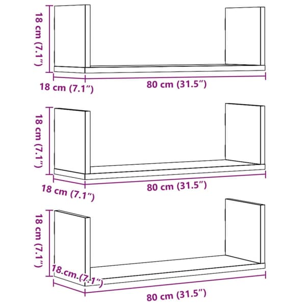 vidaXL Vegghyller 3 stk røkt eik 80x18x18 cm konstruert tre