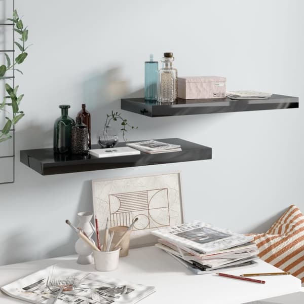 Svävande vägghyllor 2 st svart högglans 60x23,5x3,8 cm MDF