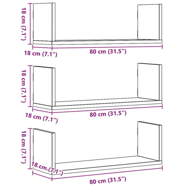 Seinähyllyt 3 kpl musta 80x18x18 cm tekninen puu