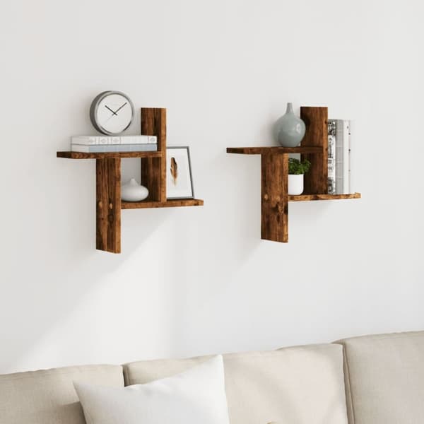 Vägghyllor 2 st rökfärgad ek 38x12x38 cm konstruerat trä