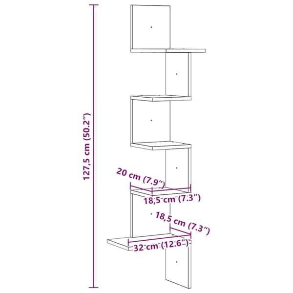 vidaXL Veggmontert hjørnehylle røkt eik 32x32x127,5 cm konstruert tre