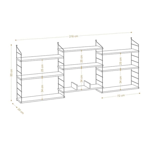 Upphängd vägghylla med 9 hyllplan, ekdekor L216 cm - Laba