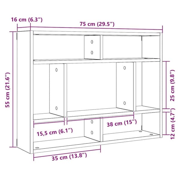 vidaXL væghylde 75x16x55 cm konstrueret træ sort egetræsfarve