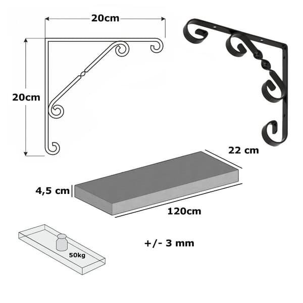 Sæt Træhylde Antik Grå 220mm x 120cm WO 200mm Sort
