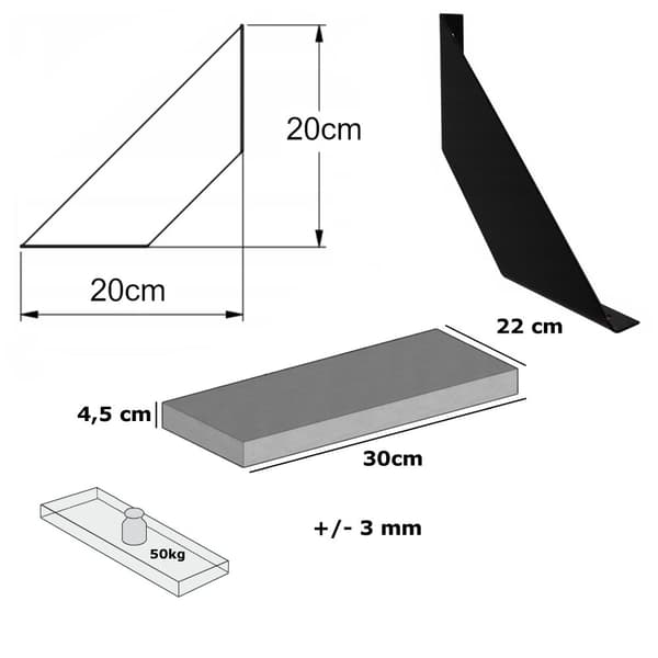 Monokrom trähyllsats 220mm x 30cm FLAT Svart
