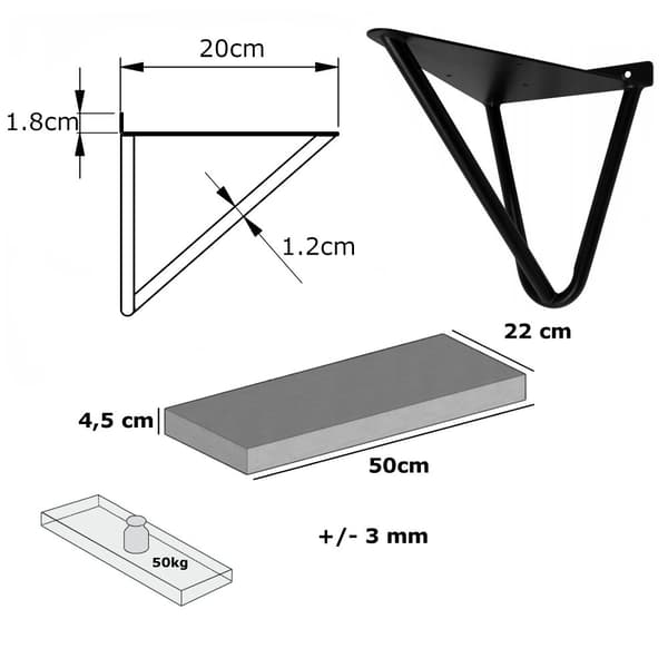 Träkol Hylla Set 220mm x 50cm WIRE Svart