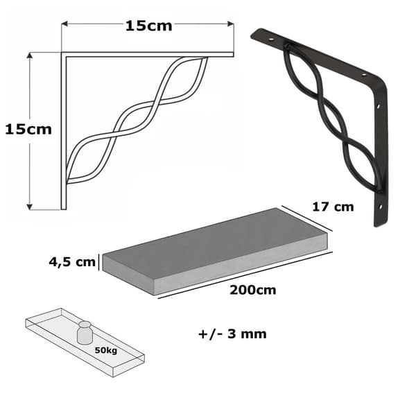 Monokrom træhyldesæt 170 mm x 200 cm WPRP 150 mm sort