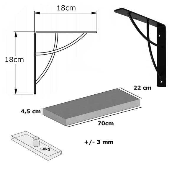 Sæt Træhylde Sort 220mm x 70cm NEO Sort