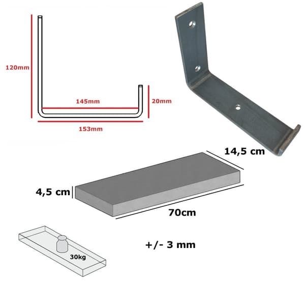 Set med trähylla lackerad 145 mm x 70 cm fäste nedböjd BD 145 mm rå