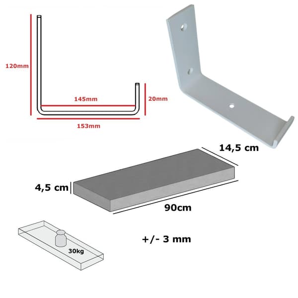 Brændt træhyldesæt 145 mm x 90 cm nedbøjet beslag BD 145 mm mat hvid