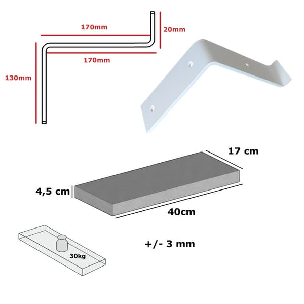 Set Trähylla Ljus Ek 170mm x 40cm Uppåtböjt fäste BU 170mm Matt Vit