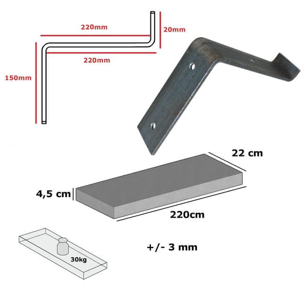 Uppsättning av trähylla ljus ek 220mm x 220cm Uppåtböjt fäste BU 220mm rå
