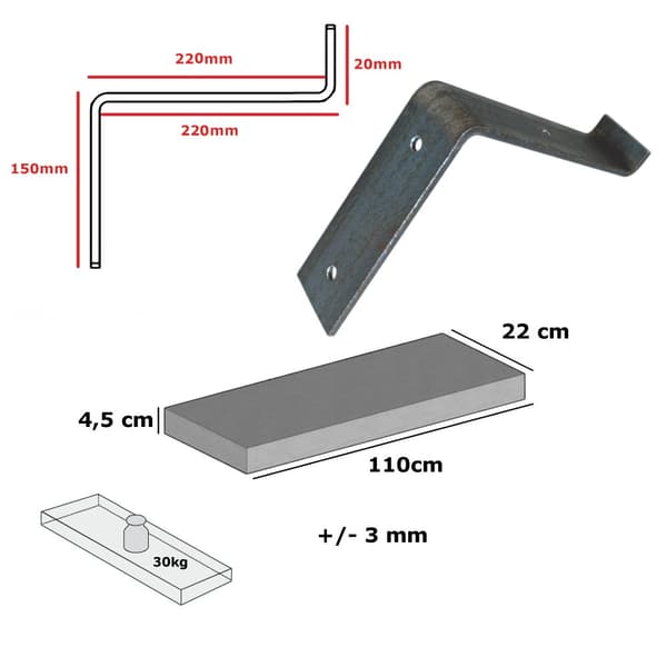 Sæt træhylde blå 220 mm x 110 cm op buet beslag BU 220 mm rå