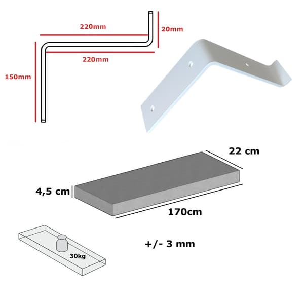 Sæt Træhylde Blå 220 mm x 170 cm Op buet beslag BU 220 mm mat hvid