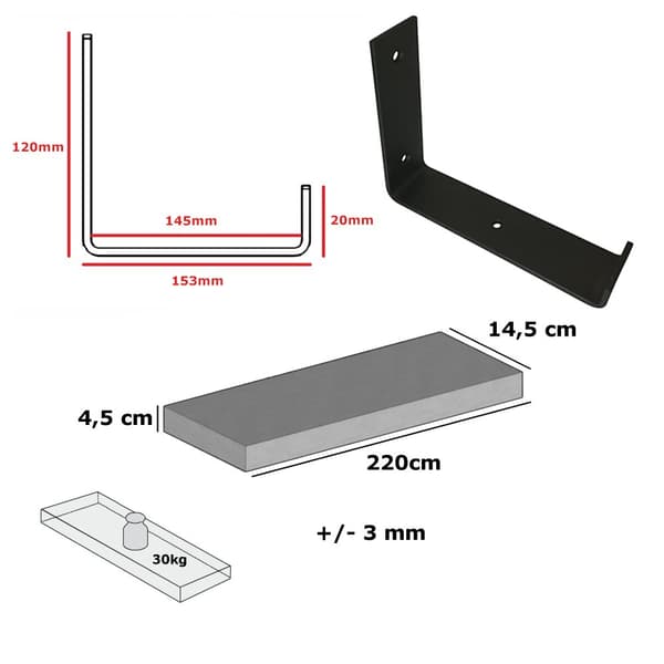 Træhyldesæt sort 145 mm x 220 cm nedbøjet beslag BD 145 mm mat sort