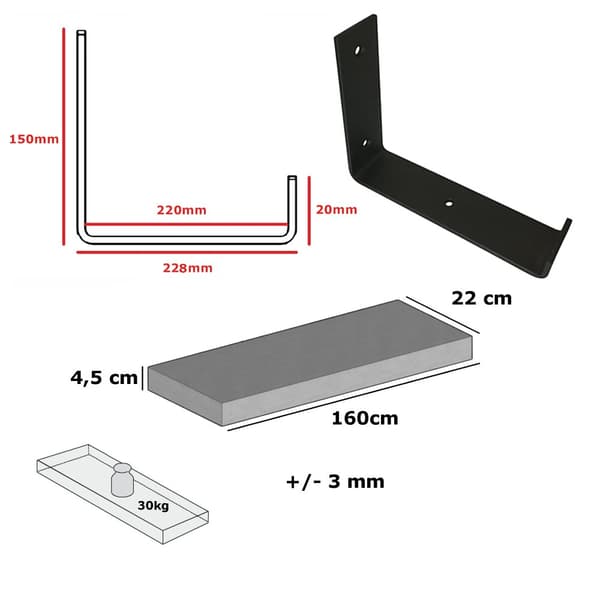 Blå træhyldesæt 220 mm x 160 cm nedbøjet beslag BD 220 mm mat sort