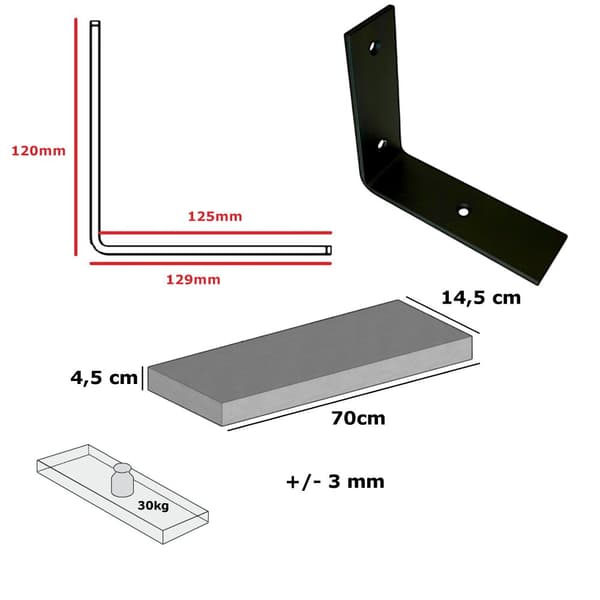Monokrom trähyllsats 145mm x 70cm Fäste 2L 145mm Mattsvart