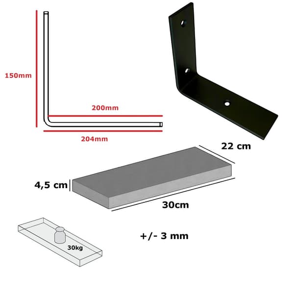 Sæt Træhylde Medium Eg 220mm x 30cm Beslag 2L 220mm Mat Sort