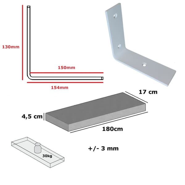 Sæt Træhylde Medium Eg 170mm x 180cm Beslag 2L 170mm Mat Hvid