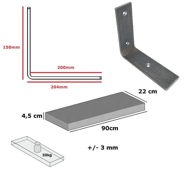 Sæt træhylde Sort 220mm x 90cm Beslag 2L 220mm Rå