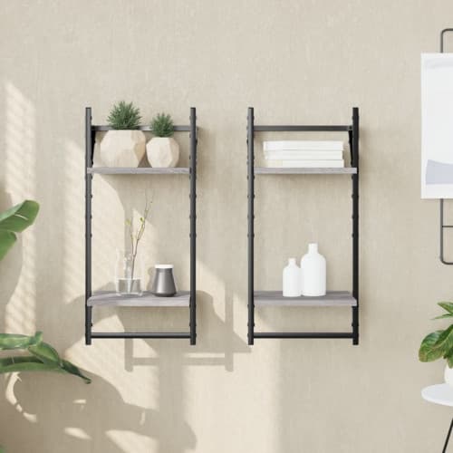 Vägghyllor 2-plan med stänger 2 st grå sonoma 30x25x65 cm